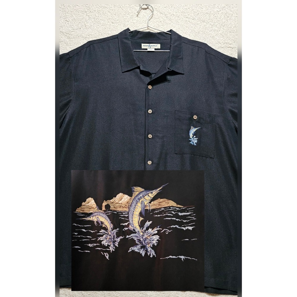 HOOK & TACKLE Men 2XL Black MARLIN Embroidered pocket and back Camp Shirt EUC‎